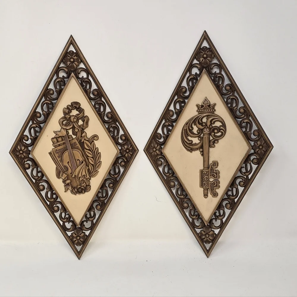 Vintage syroco hollywood regency‎ wall hanging plaques set of 2 diamond shape